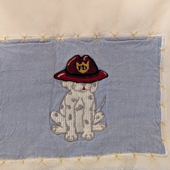 Share Wendy Bellissimo Baby Blanket Dalmatian Dog Fireman Hat Ivory Green Border - Picture 2 of 4